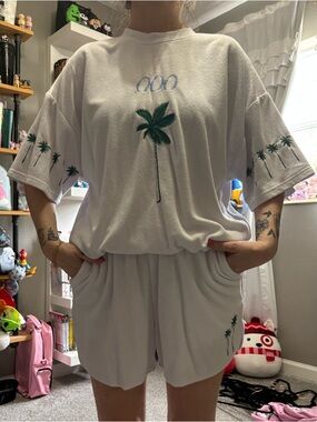 White Palm Tree Embroidered Lounge Set - Women